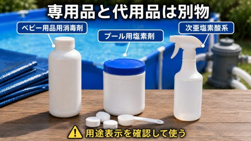 ベビー用品用消毒剤、プール用塩素剤、次亜塩素酸系製品の用途の違いを比較