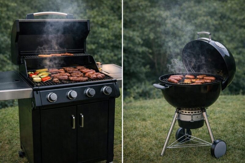 ガス式とチャコール式のBBQグリルを並べて違いを比較できるビジュアル