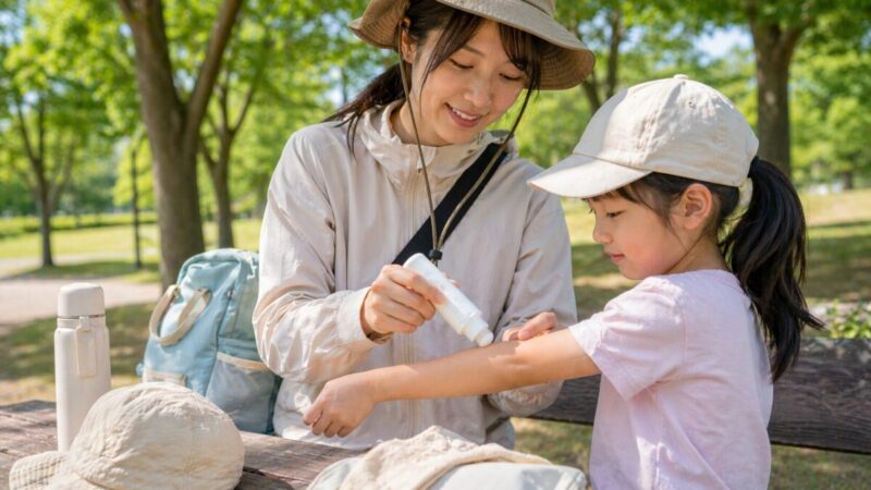 公園で子どもの腕に日焼け止めを塗りながら外遊びの紫外線対策をしているイメージ