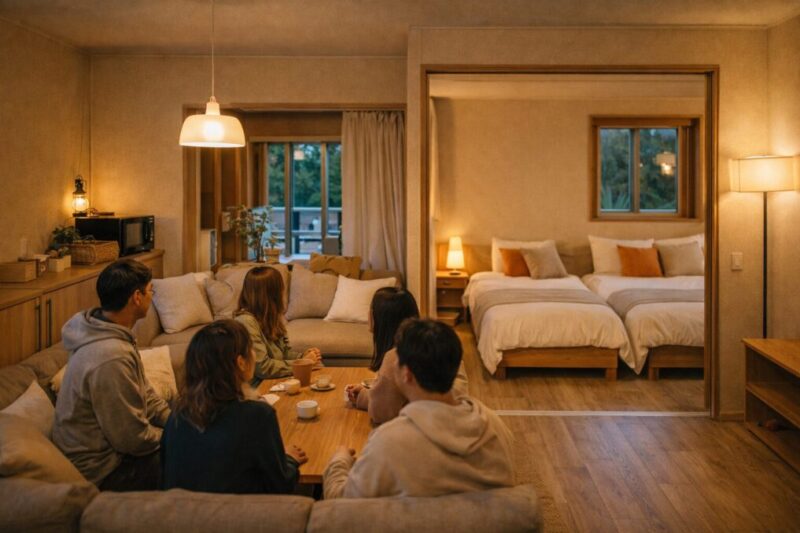 一棟貸しで共有スペースと寝室が分かれたグランピング施設