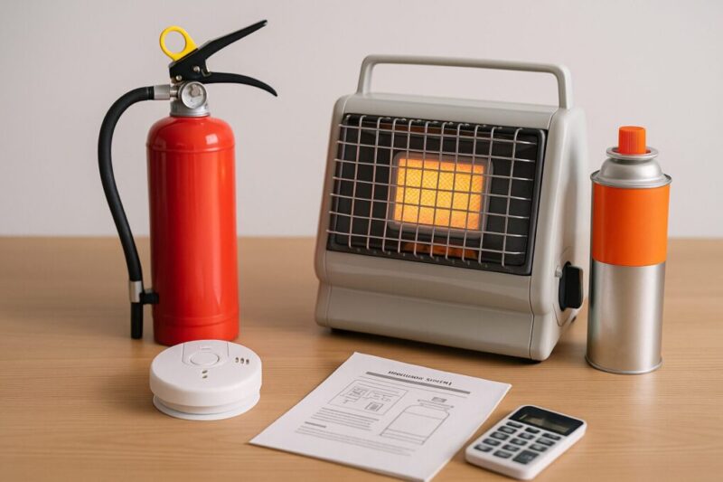 カセットガスストーブと消火器、一酸化炭素警報器、説明書を並べて安全な使い方と事故対策を表現したイメージ