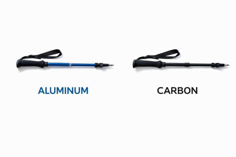 アルミ製とカーボン製のトレッキングポールを比較したイメージ