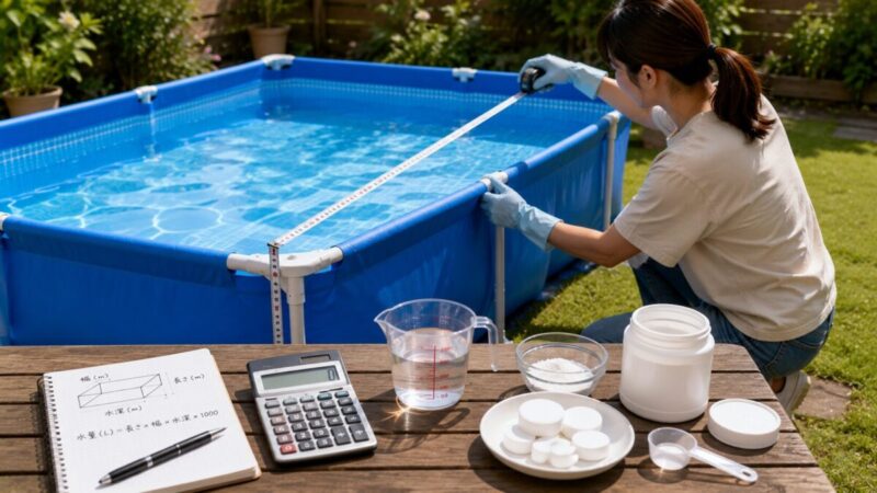 家庭用プールの大きさを測り、電卓や計量用品を使って塩素剤の使用量を確認する様子