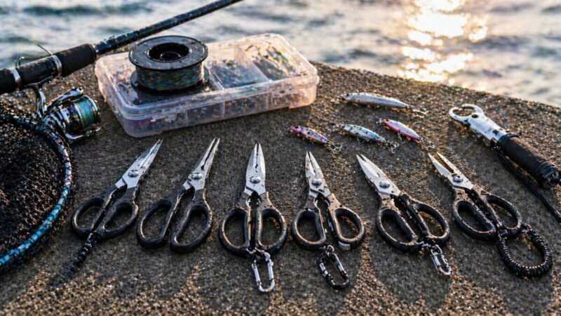 堤防に複数の釣り用ハサミを並べて、手頃なモデルと専用モデルの違いを見比べている様子