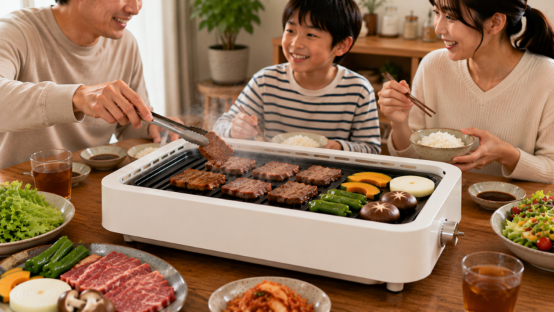 白い卓上少煙グリルで家族が肉と野菜を焼いている様子