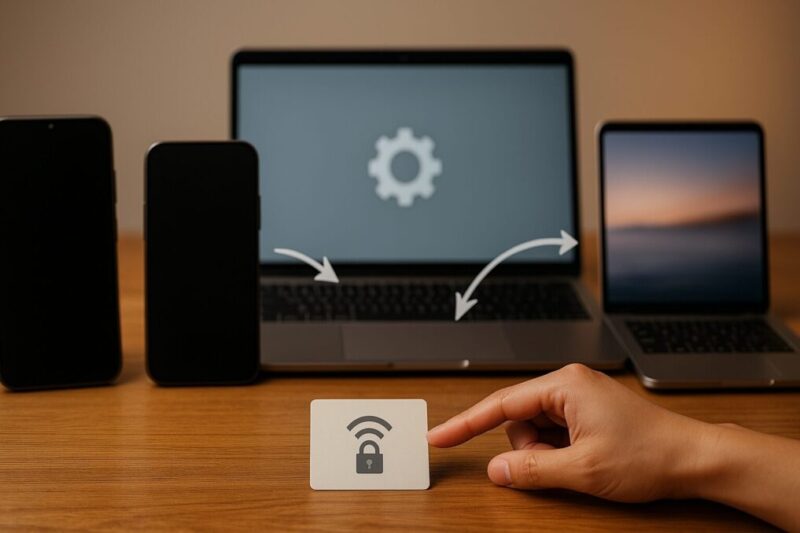 iPhone・Android・Windows・Macを並べ、中央のWi-Fi鍵カードへ矢印で示す構図