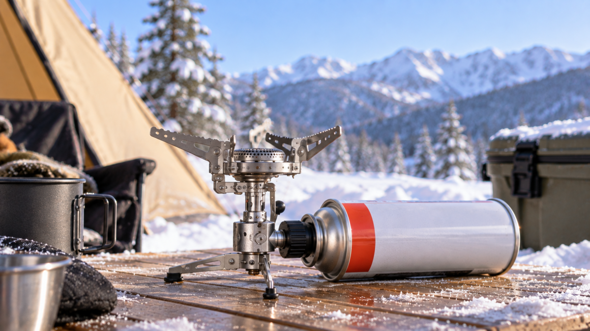 雪の積もった冬キャンプ場で、ガス缶を接続した小型バーナーをテーブルに設置している様子