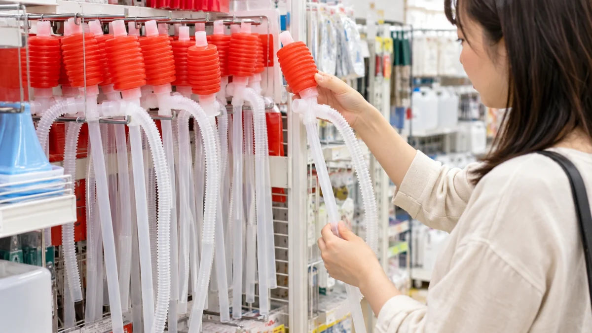 生活用品売り場で長い透明ホース付きの手動式灯油ポンプを手に取って確認する女性