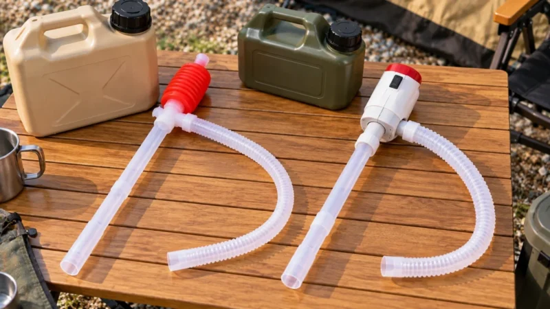 キャンプ場の木製テーブルに手動式と電動式の灯油ポンプを寝かせ、小型灯油タンクと並べて比較した様子