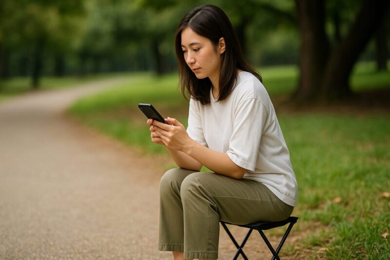 mimireの折りたたみ椅子（300g）で小休止しつつ口コミを確認しているイメージ