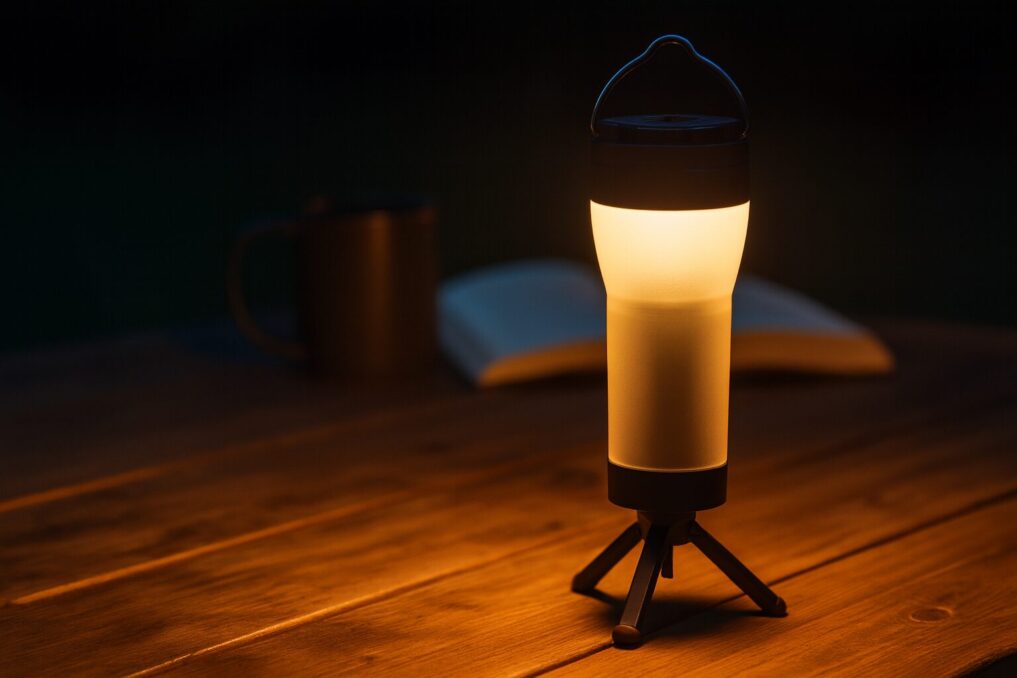 soomloomのキャンプランタンLumina5000でテーブルを温かく照らす夜のキャンプシーン。