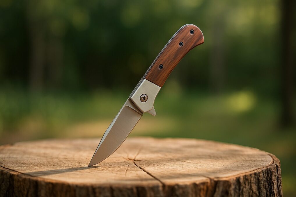 swiss+tech系デザインを想起させる無地フォールディングナイフが、切り株の上で半開きになって立つ様子。