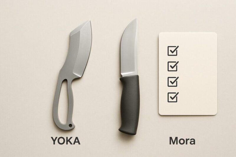 yokaナイフとモーラナイフの形状を並べ、チェック項目で比較の観点を示したイメージ