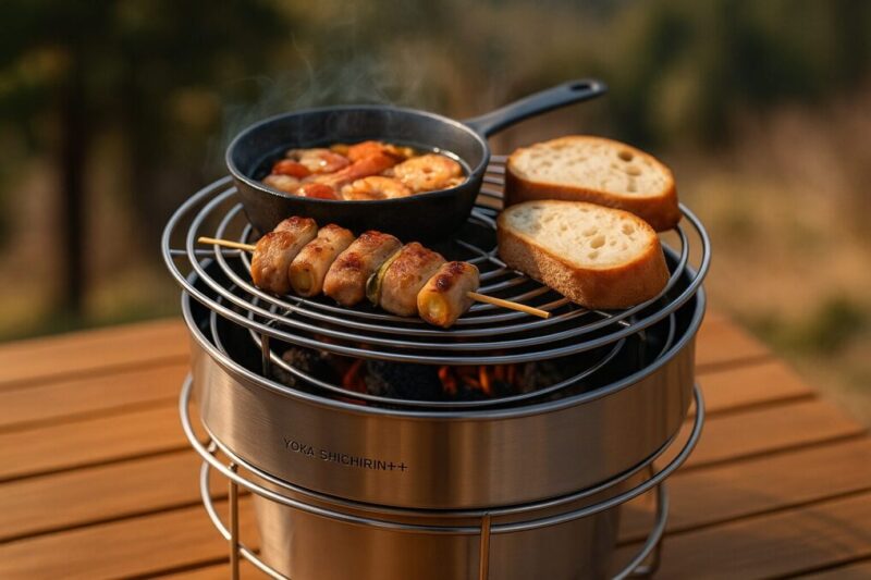 yoka七輪で作る代表料理（串焼き・アヒージョ・パン）の同時調理イメージ