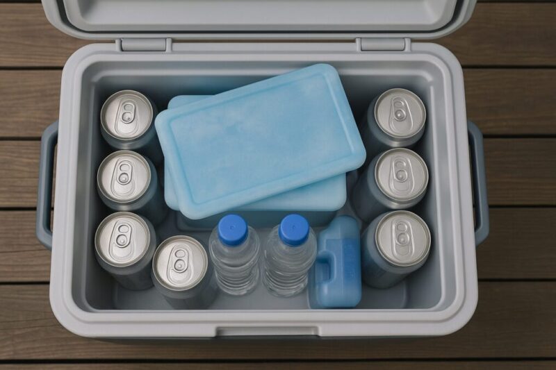 「28QTのクーラーボックスに飲料を多めに入れ、側面に缶、中央にブロック、上に薄型を置いた実例写真