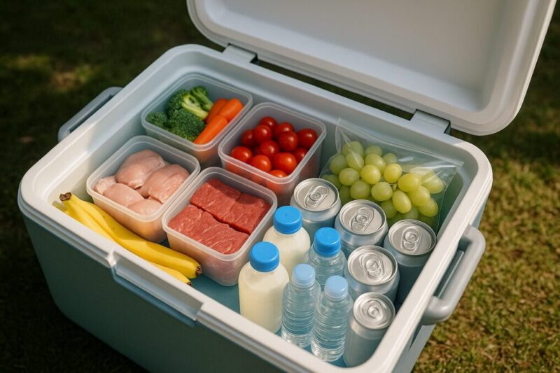 「52QTのクーラーボックスに家族向け食材と飲料をバランスよく収納した超現実的な写真