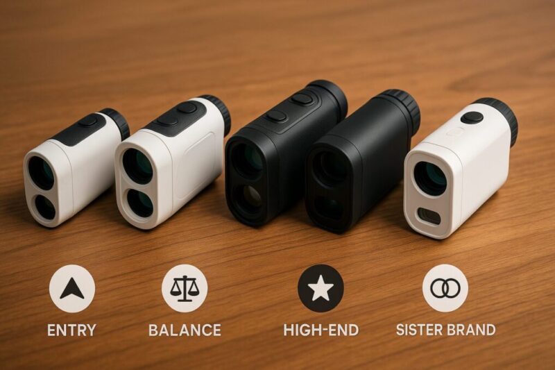 「エントリーからハイエンドまで4種類の無地ゴルフレーザー距離計を並べてEENOUR系ラインナップの違いを表現したイメージ」