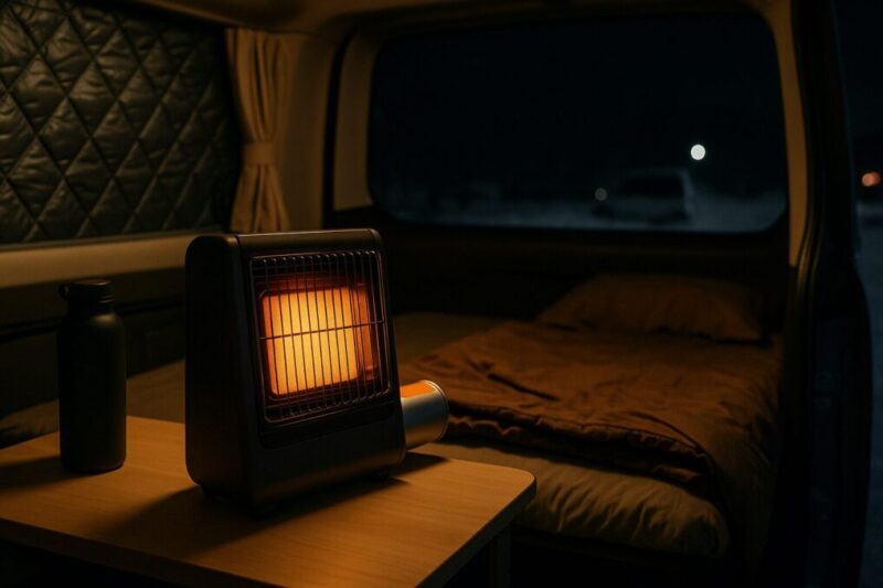 「カセットガスストーブと予備ボンベで荷物スペースが埋まり、窓に結露がついた冬の車中泊車内のイメージ」