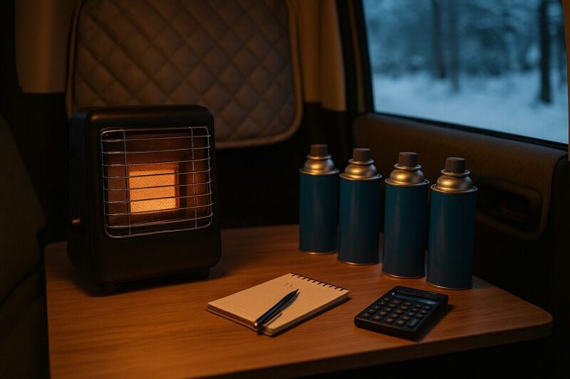 「カセットガスストーブと複数のカセットボンベ、電卓とメモ帳を並べて燃費と使用本数を考えている冬の車中泊のイメージ」