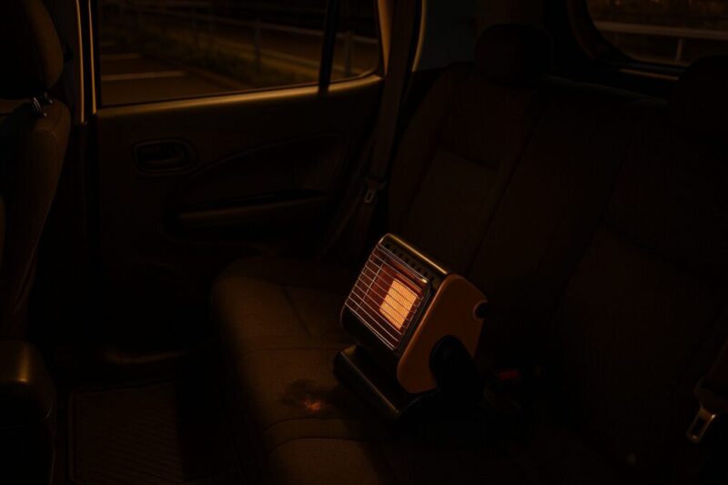 「カセットガスストーブの誤った使い方で内装に焦げ跡が残った車内の様子と、危険性をイメージさせる車中泊シーン」