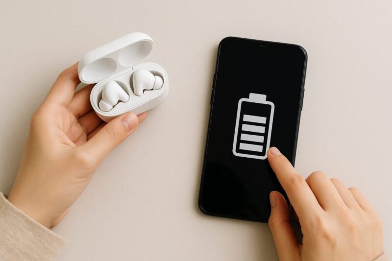 ケースとスマホ画面で充電残量を確認する手元のイメージ