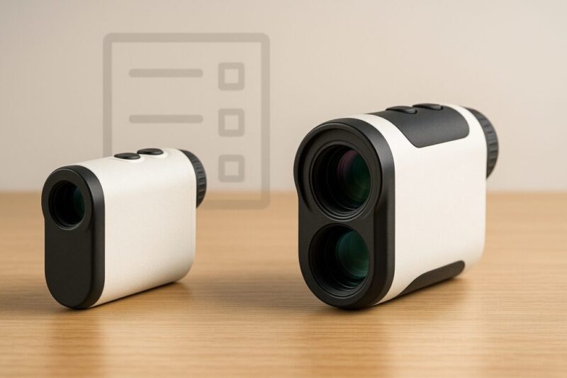 「コンパクトなモデルと上位モデルの無地ゴルフレーザー距離計を並べてサイズと機能差を比較しているイメージ」