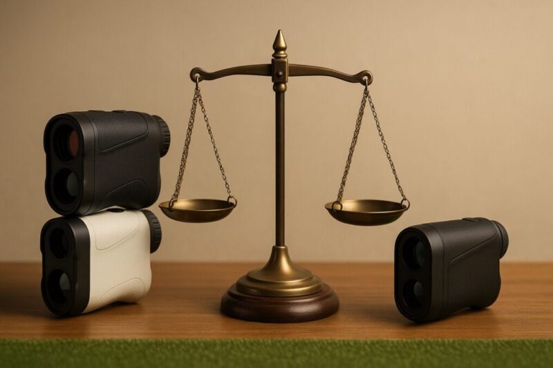 「ハイブランド風距離計とコスパモデル風距離計を天秤にかけて価格と性能のバランスを比較しているイメージ」