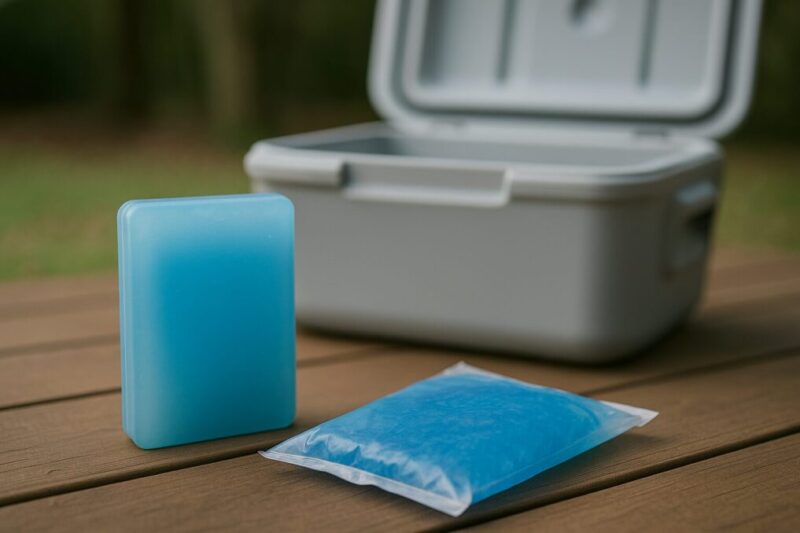 「ハード保冷剤とソフト保冷剤を前景に置き、背景のクーラーボックスをぼかした比較写真