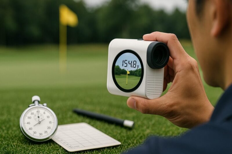 「ピンフラッグに素早く距離を表示する無地ゴルフレーザー距離計とストップウォッチを組み合わせた精度と測定スピードのイメージ」