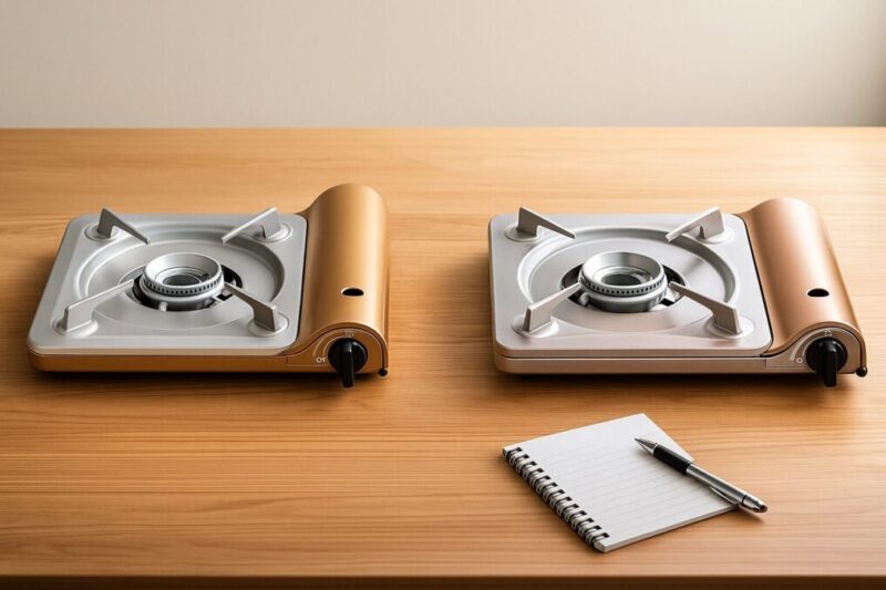 「五徳形状と天板デザインが異なる2台の薄型カセットコンロを木目テーブルに並べ、手前にメモ帳とペンを置いた比較イメージ写真」