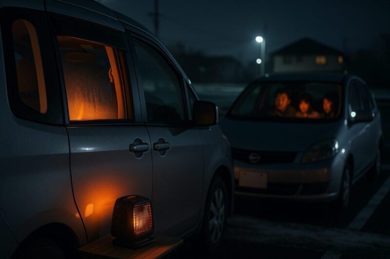 「冬の夜の駐車場で静かに車中泊するミニバンと周囲の車列、車内の明かりが控えめに灯るマナーを意識した車中泊のイメージ」
