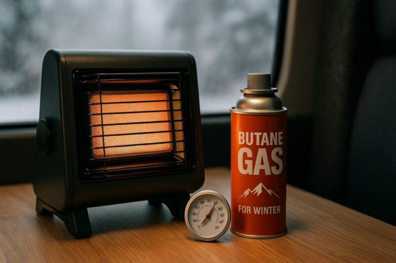 「冬の屋外でカセットガスストーブと数本のカセットボンベをテーブルに並べ、寒冷地用ボンベを選んで低温対策をしているイメージ」