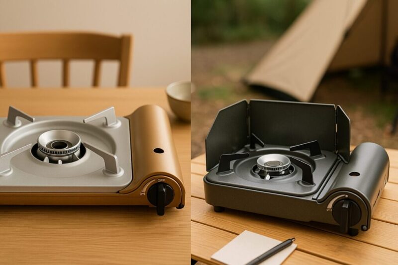 「室内で使う達人スリム風コンロとアウトドア用コンロの五徳を対比させたイメージ」