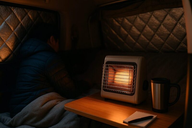 「就寝前にカセットガスストーブで車内を暖め、毛布にくるまってオン・オフ運用を意識する冬の車中泊のイメージ」