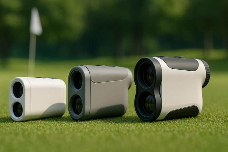 「形状や色味の異なる3種類の無地ゴルフレーザー距離計を並べてブランドごとのデザインの違いを示したイメージ」
