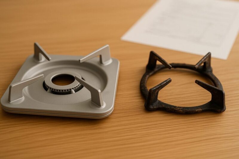 「新品の五徳とサビた五徳を並べて交換タイミングを示すイメージ写真」