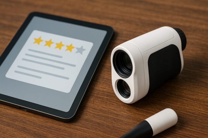 「星評価とレビューコメントが表示されたタブレットと無地ゴルフレーザー距離計を並べて口コミをチェックしているイメージ」