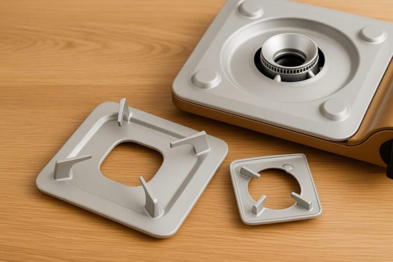 「木目テーブルの上に達人スリム風カセットコンロ本体と、サイズ違いの純正風五徳プレートを並べたイメージ写真」