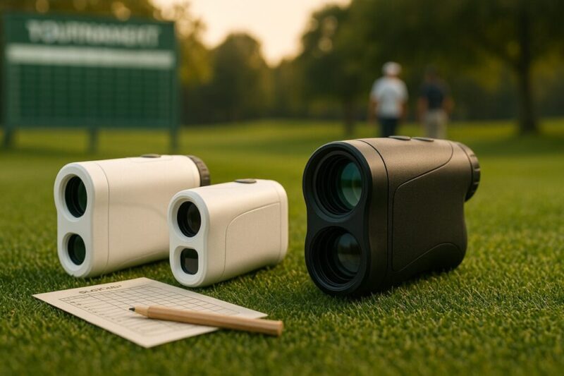 「競技志向向けとコスパ重視向けの2種類の無地ゴルフレーザー距離計を並べて用途の違いを示したイメージ」