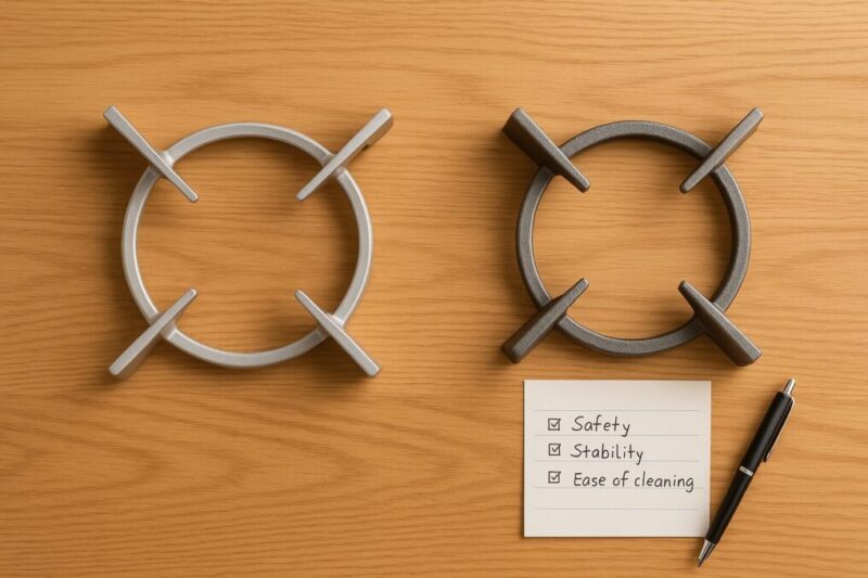 「純正五徳と汎用五徳を並べて安全性や品質の違いを比較している静物イメージ」