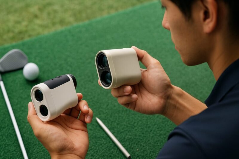 「練習場でU1風とU2風の無地ゴルフレーザー距離計を手に取ってどちらを買うか迷っている日本人ゴルファーの手元イメージ」