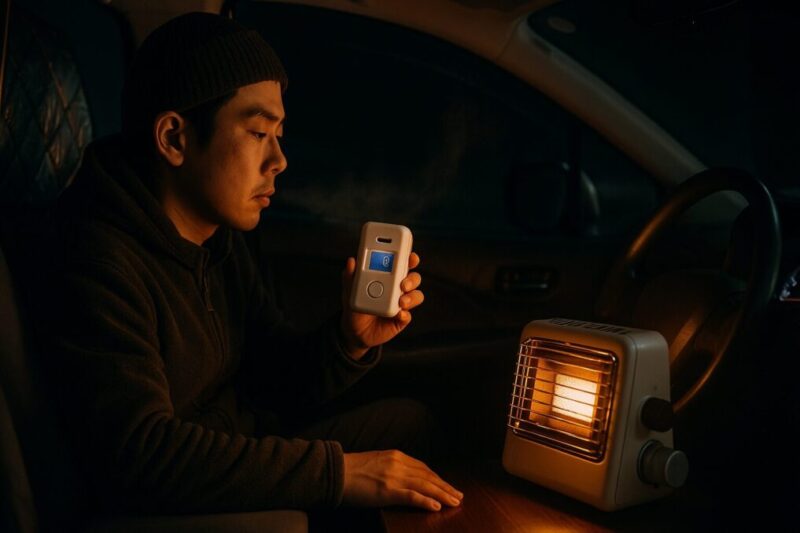 「車内でカセットガスストーブを使いながら一酸化炭素チェッカーを確認する日本人男性」