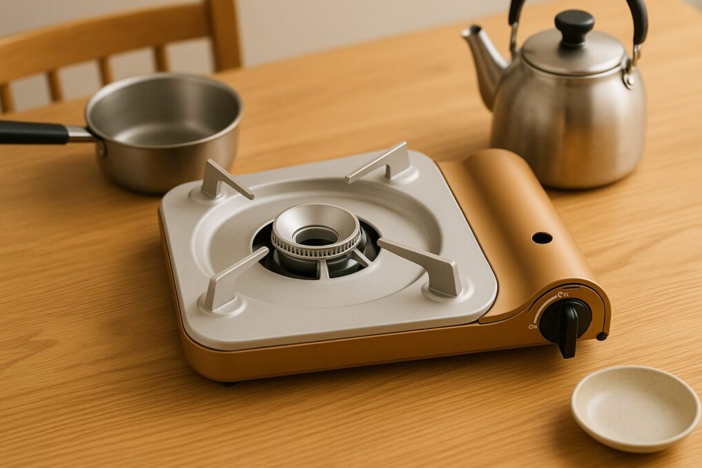 「達人スリム風カセットコンロと五徳が置かれた食卓のイメージ写真」