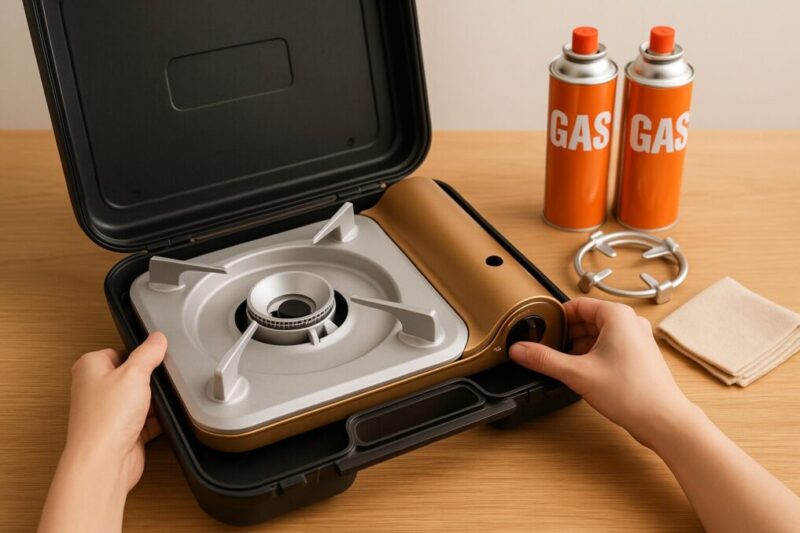 「達人スリム風コンロと五徳・ガス缶を専用ケースにまとめて収納しているイメージ」