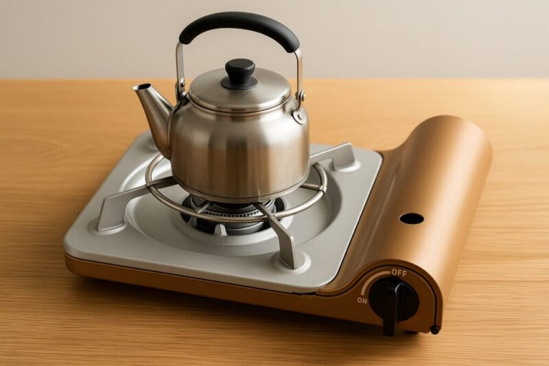 「達人スリム風コンロの五徳にミニ五徳を載せて小さなケトルを安定させているイメージ」
