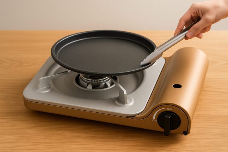 「達人スリム風コンロの五徳の上に焼肉プレートを安全に載せているイメージ」