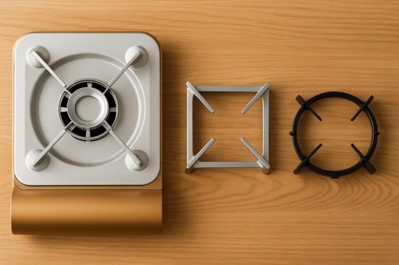 「達人スリム風コンロ用と他モデル用の五徳を並べて形状の違いを比較したイメージ」