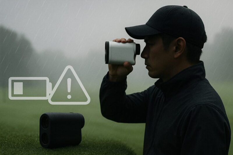 「雨や霧の中で無地ゴルフレーザー距離計を使うゴルファーのシルエットと注意マークを組み合わせた弱点と注意点のイメージ」