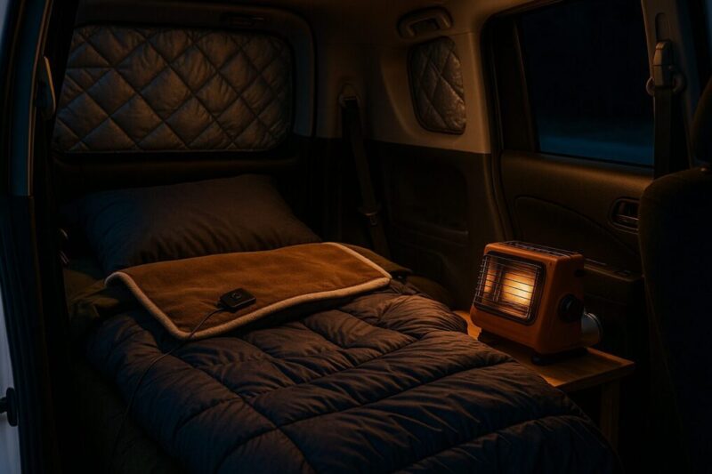 「電気毛布と寝袋、カセットガスストーブを組み合わせてFFヒーター代わりに暖を取る冬の車中泊車内のイメージ」