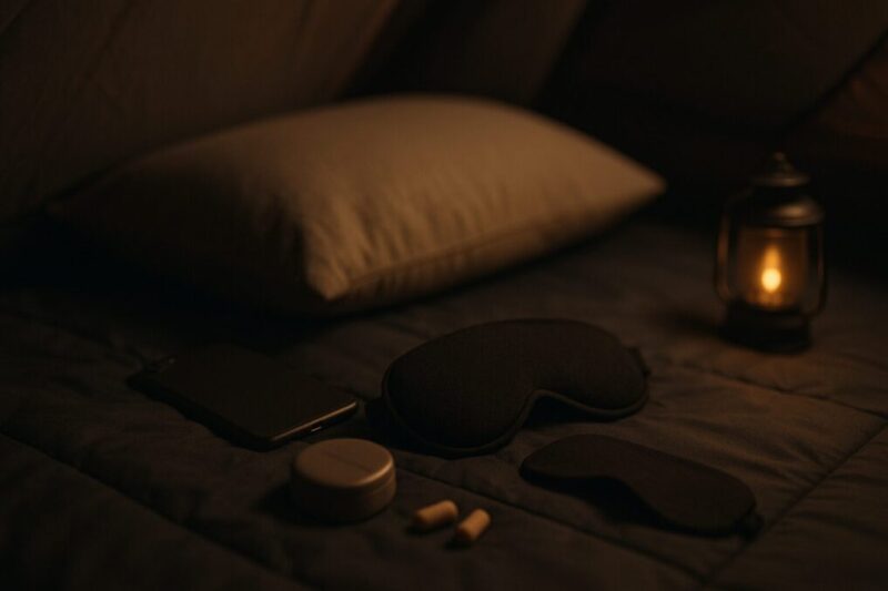 いびきやアラーム対策に使う耳栓と枕元アイテムのイメージ。